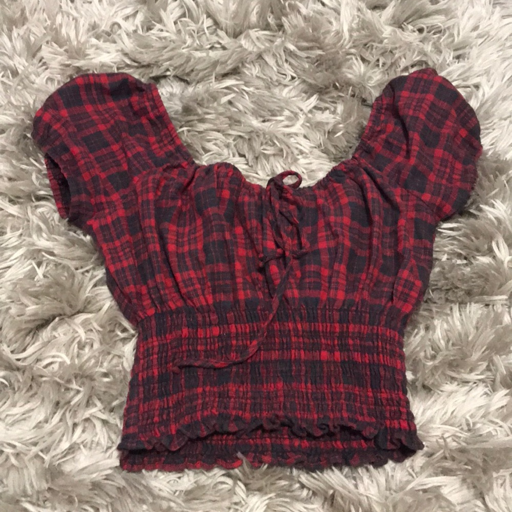 Plaid puffer sleeve t shirt